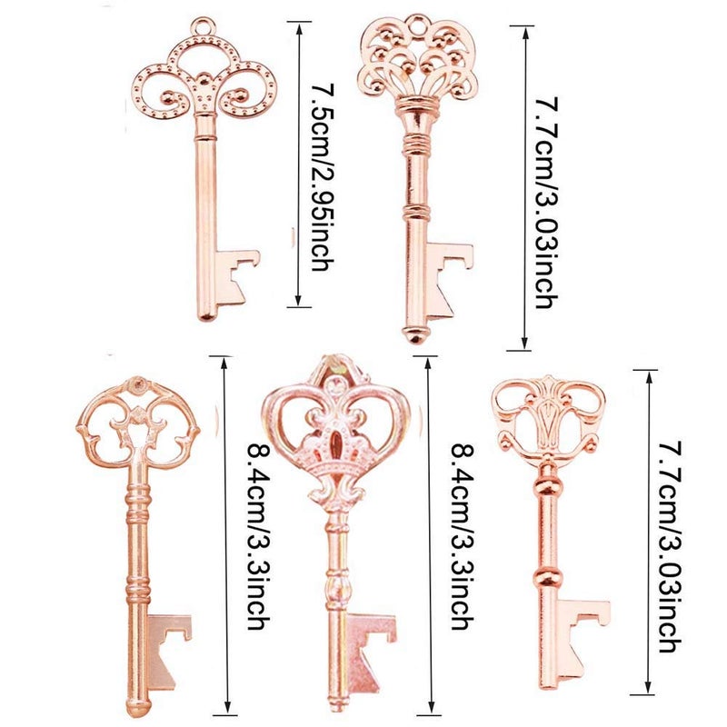 Bodosac Awtlife 50 Pcs Rustic Vintage Skeleton Key Bottle Opener with Tag Cards Sheer Bag for Wedding Party Favors 5 Style Gold Rose - Image 2